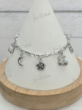 Silver Charm Bracelet with Moon, Rose & Cherry Charms BR4517